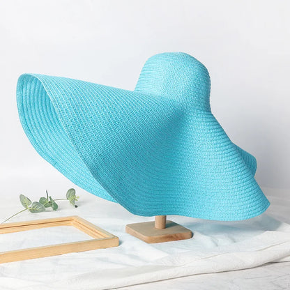 Chapéu de Sol de Palha Oversized Aba Larga 70cm – Dobrável Proteção UV Feminino