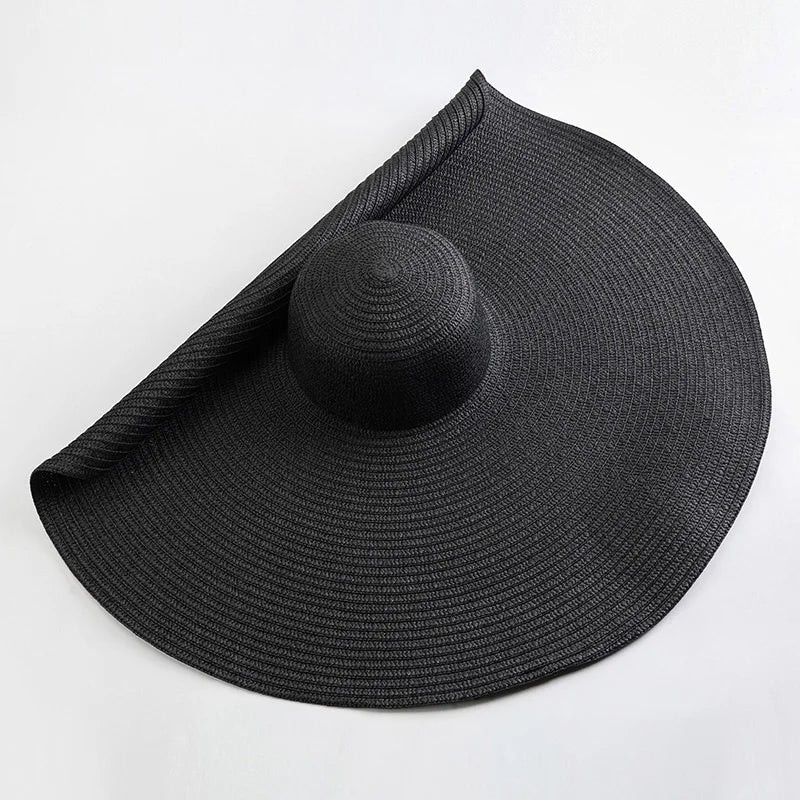 Chapéu de Sol de Palha Oversized Aba Larga 70cm – Dobrável Proteção UV Feminino