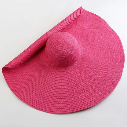 Chapéu de Sol de Palha Oversized Aba Larga 70cm – Dobrável Proteção UV Feminino