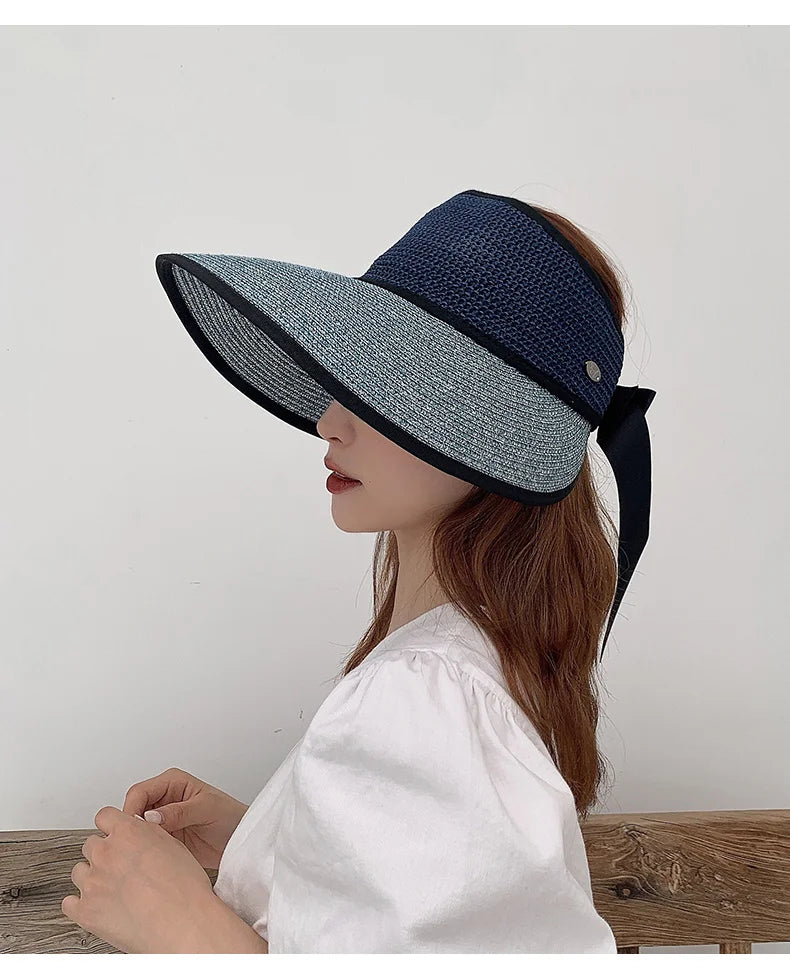 Chapéu de Sol de Palha Topo Vazio – Dobrável com Laço Proteção UV Feminino