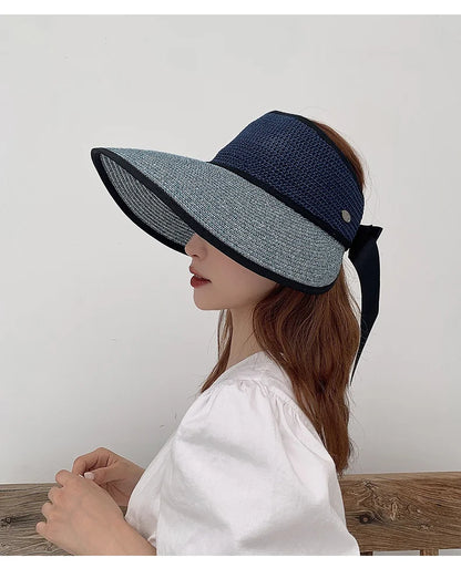 Chapéu de Sol de Palha Topo Vazio – Dobrável com Laço Proteção UV Feminino