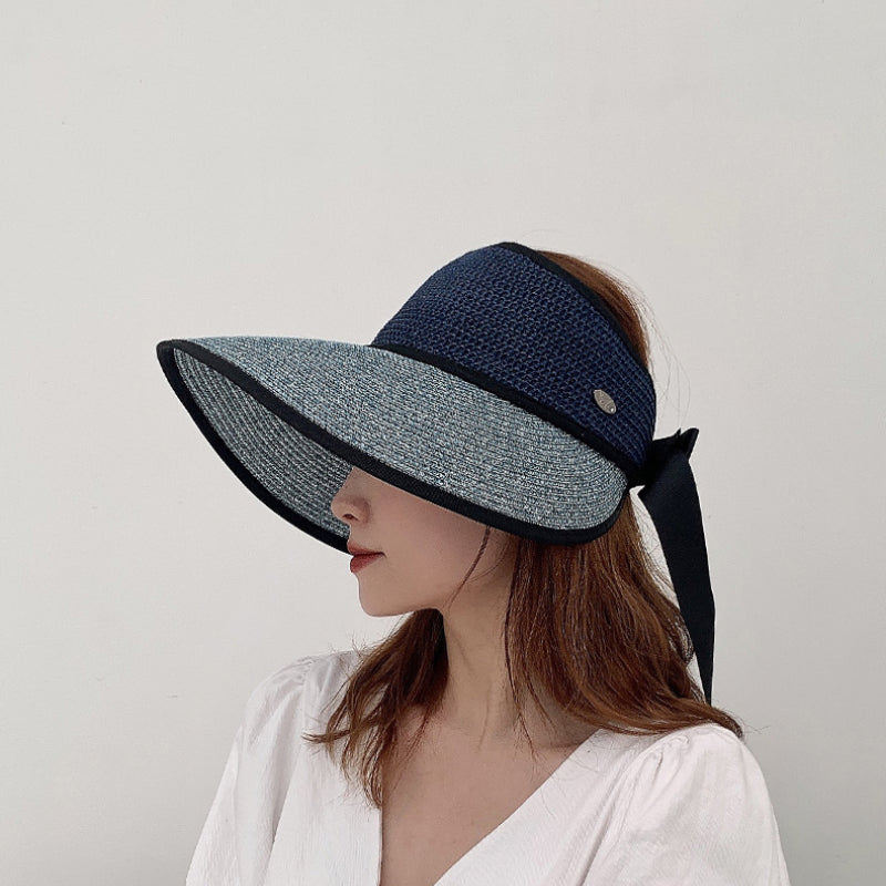 Chapéu de Sol de Palha Topo Vazio – Dobrável com Laço Proteção UV Feminino