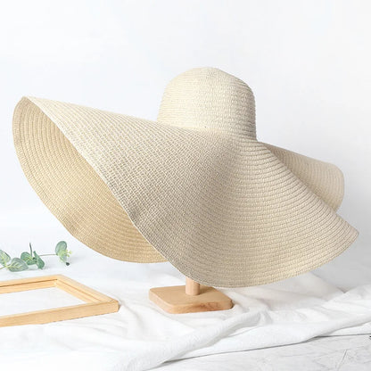 Chapéu de Sol de Palha Oversized Aba Larga 70cm – Dobrável Proteção UV Feminino