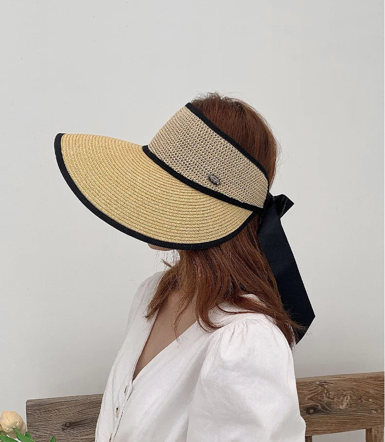 Chapéu de Sol de Palha Topo Vazio – Dobrável com Laço Proteção UV Feminino
