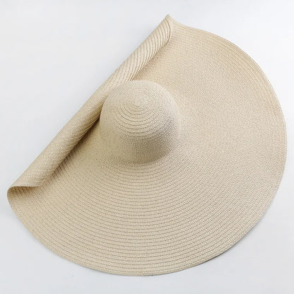 Chapéu de Sol de Palha Oversized Aba Larga 70cm – Dobrável Proteção UV Feminino