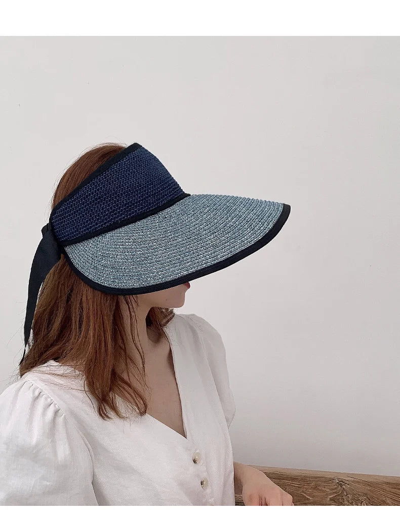 Chapéu de Sol de Palha Topo Vazio – Dobrável com Laço Proteção UV Feminino