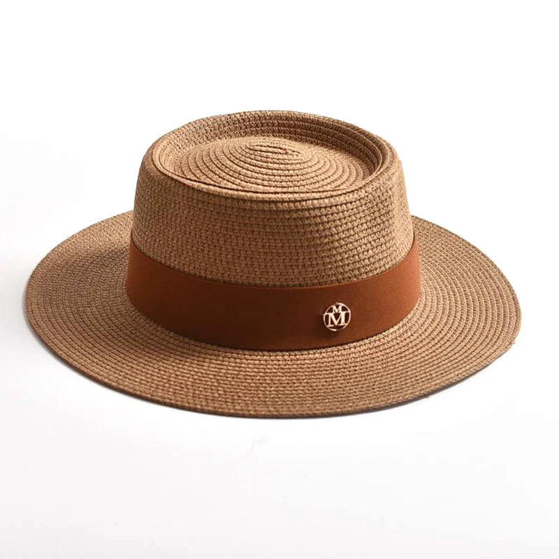 Chapéu de Sol de Palha Aba Plana com Fita – Fashion Feminino Praia Verão