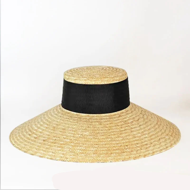 Chapéu de Palha Estilo Francês Hepburn – Aba Larga Flat Top Feminino Verão