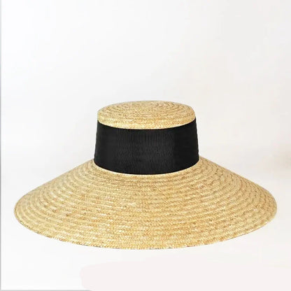Chapéu de Palha Estilo Francês Hepburn – Aba Larga Flat Top Feminino Verão
