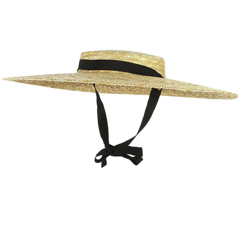 Chapéu de Sol de Palha Natural Aba Larga com Fita – Topo Plano Elegante Feminino