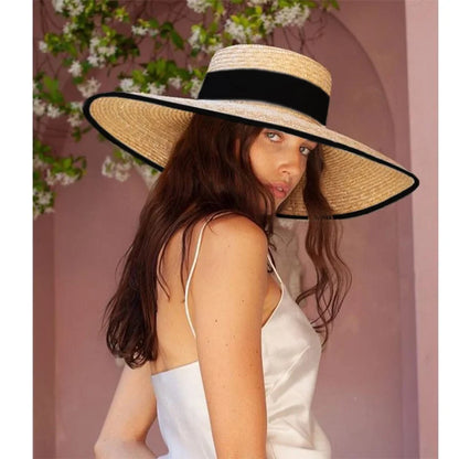 Chapéu de Palha Estilo Francês Hepburn – Aba Larga Flat Top Feminino Verão