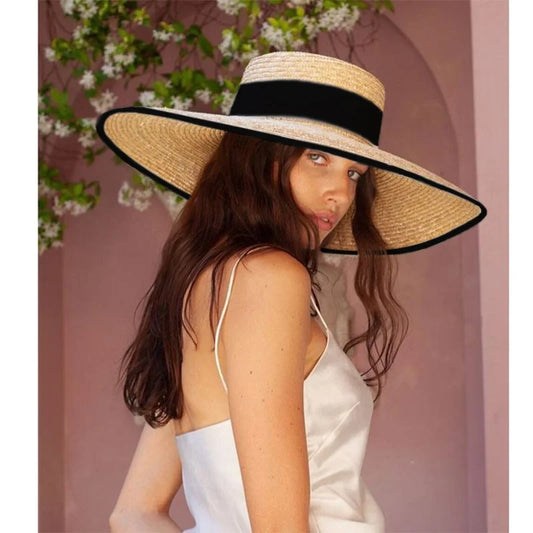 Chapéu de Palha Estilo Francês Hepburn – Aba Larga Flat Top Feminino Verão