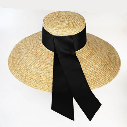 Chapéu de Palha Estilo Francês Hepburn – Aba Larga Flat Top Feminino Verão