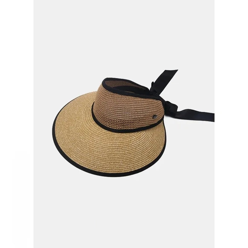 Chapéu de Sol de Palha Topo Vazio – Dobrável com Laço Proteção UV Feminino