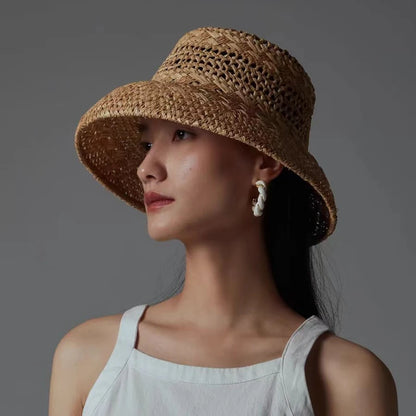 Chapéu de Sol Raffia Retro Francês – Oco Respirável Topo Côncavo Feminino Verão