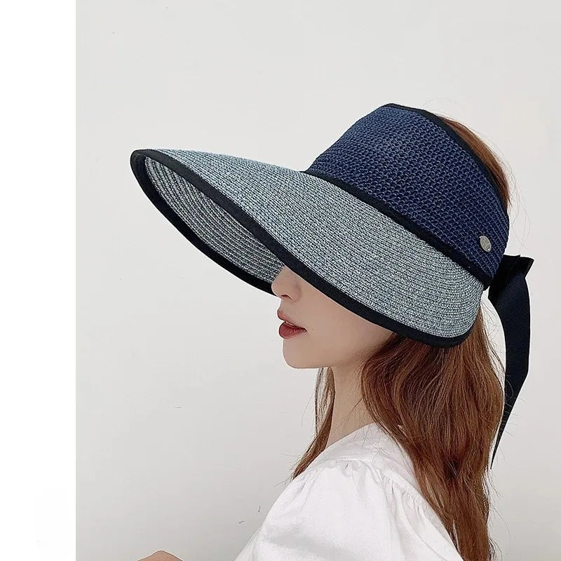 Chapéu de Sol de Palha Topo Vazio – Dobrável com Laço Proteção UV Feminino