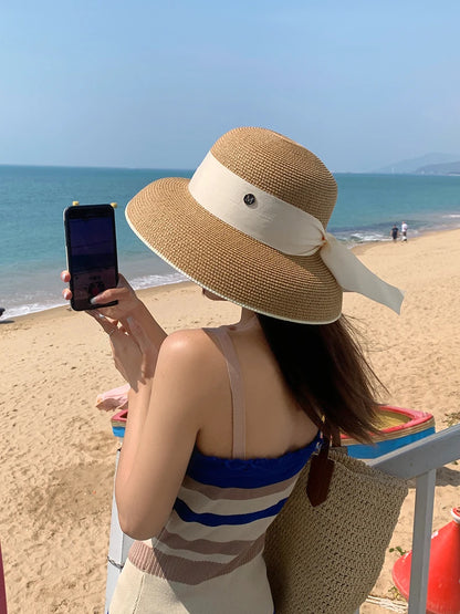 Chapéu de Sol de Palha Estilo Hepburn – Laço Retro Francês Aba Larga Feminino