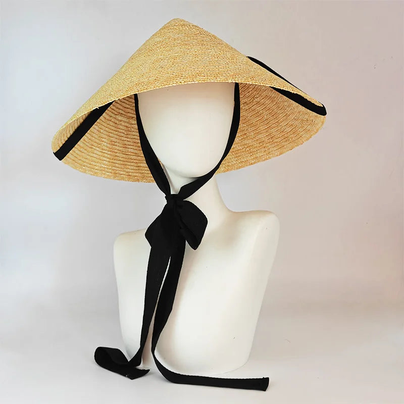Chapéu de Palha Estilo Francês Hepburn – Aba Larga Flat Top Feminino Verão