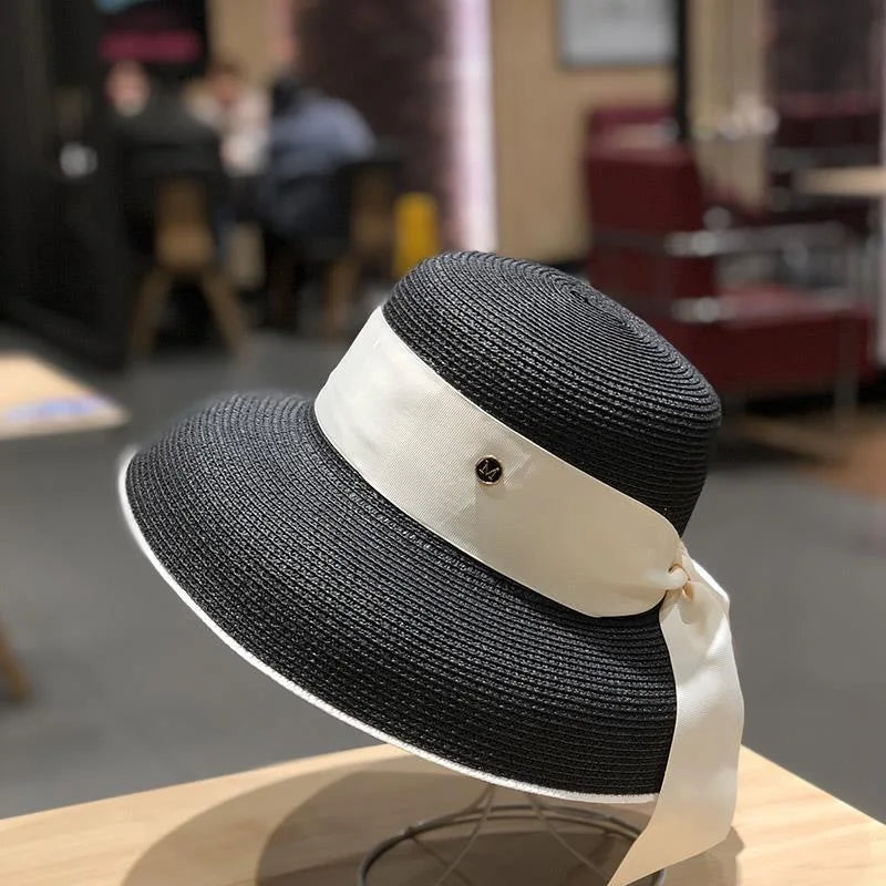 Chapéu de Sol de Palha Estilo Hepburn – Laço Retro Francês Aba Larga Feminino