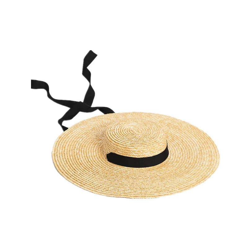 Chapéu de Sol de Palha Natural Aba Larga com Fita – Topo Plano Elegante Feminino