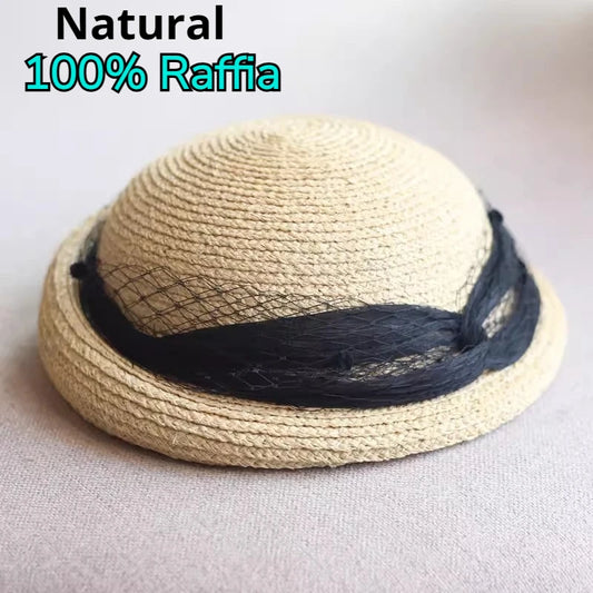 100% natural raffia fedora pillbox hat – French style women's summer sun protection hat