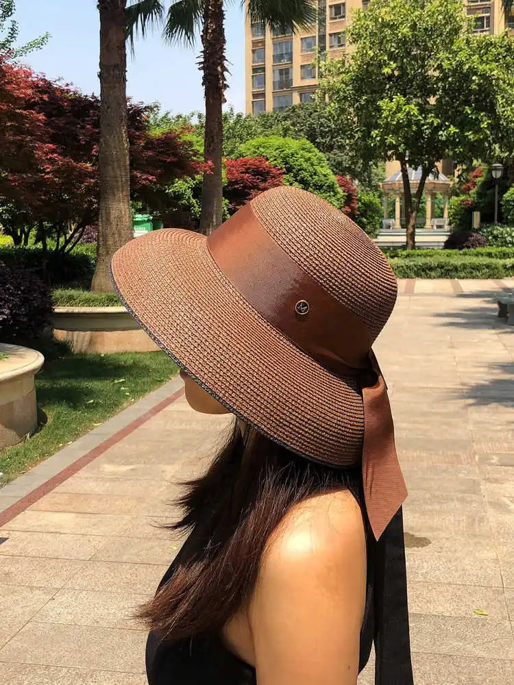 Chapéu de Sol de Palha Estilo Hepburn – Laço Retro Francês Aba Larga Feminino