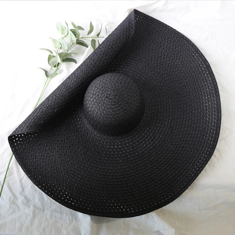 Chapéu de Sol de Palha Oversized Aba Larga 70cm – Dobrável Proteção UV Feminino
