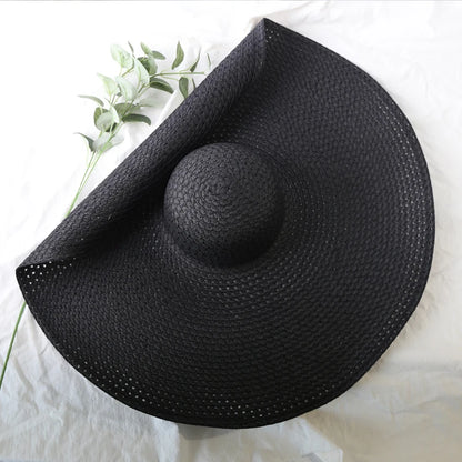 Chapéu de Sol de Palha Oversized Aba Larga 70cm – Dobrável Proteção UV Feminino