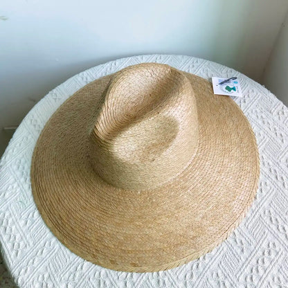 Natural palm leaf wide brim fedora hat – handwoven beach summer jazz Panama hat