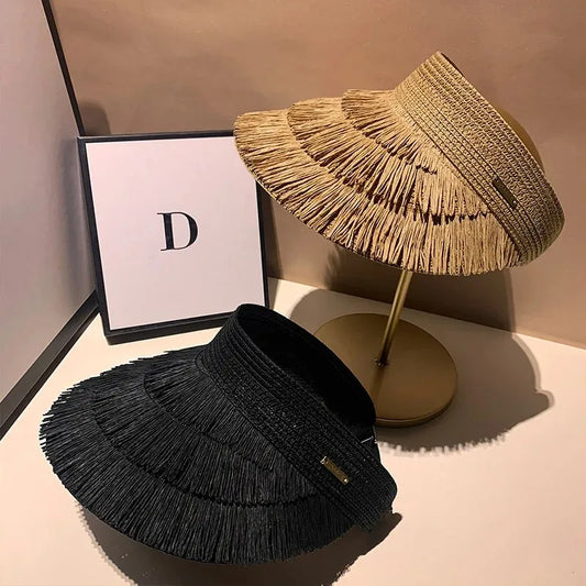 Chapéu de Sol de Palha Topo Vazio com Franjas – Panama Proteção UV Feminino
