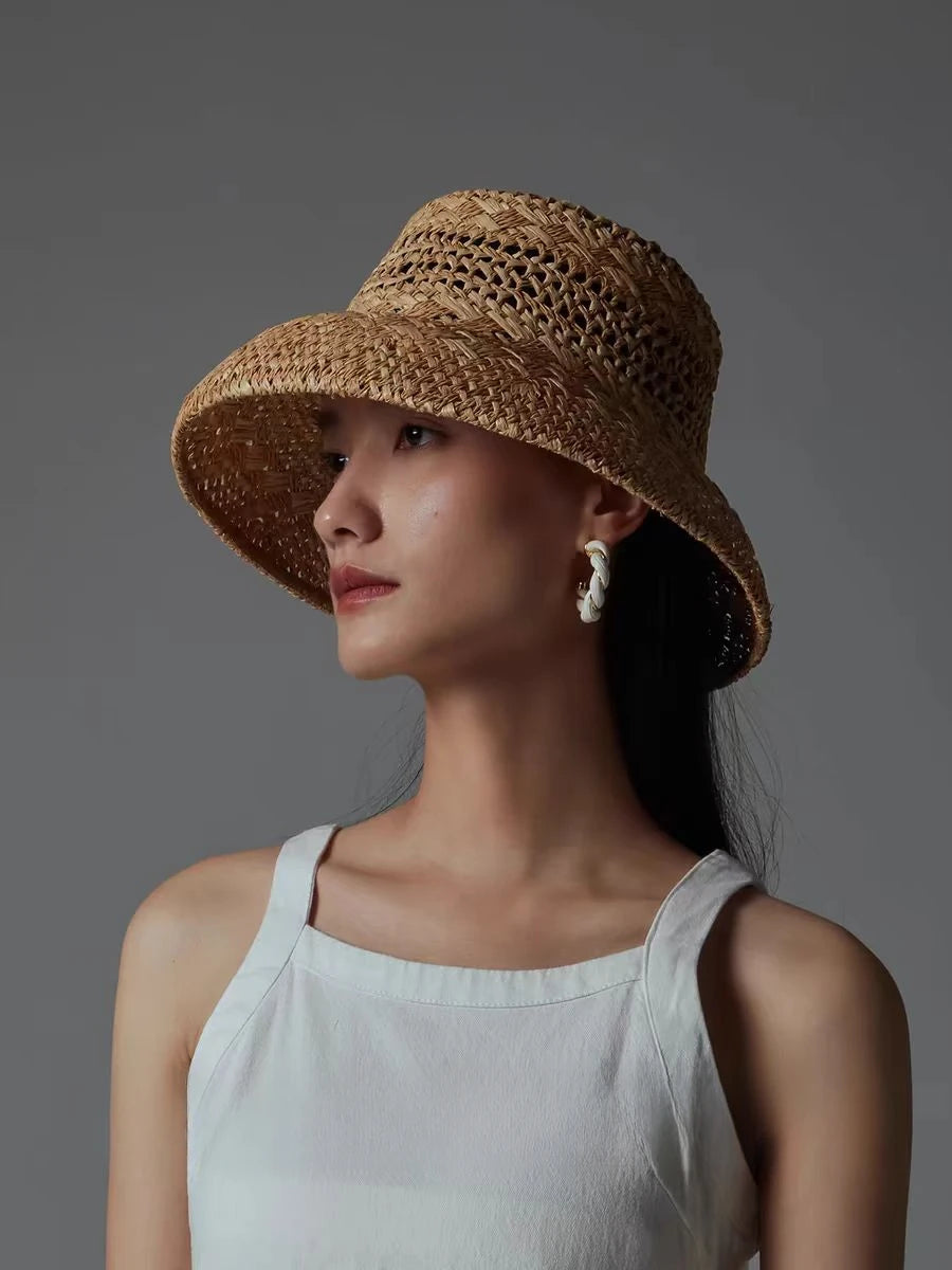 Chapéu de Sol Raffia Retro Francês – Oco Respirável Topo Côncavo Feminino Verão