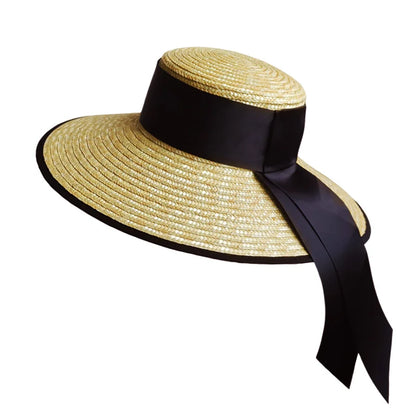 Chapéu de Palha Estilo Francês Hepburn – Aba Larga Flat Top Feminino Verão