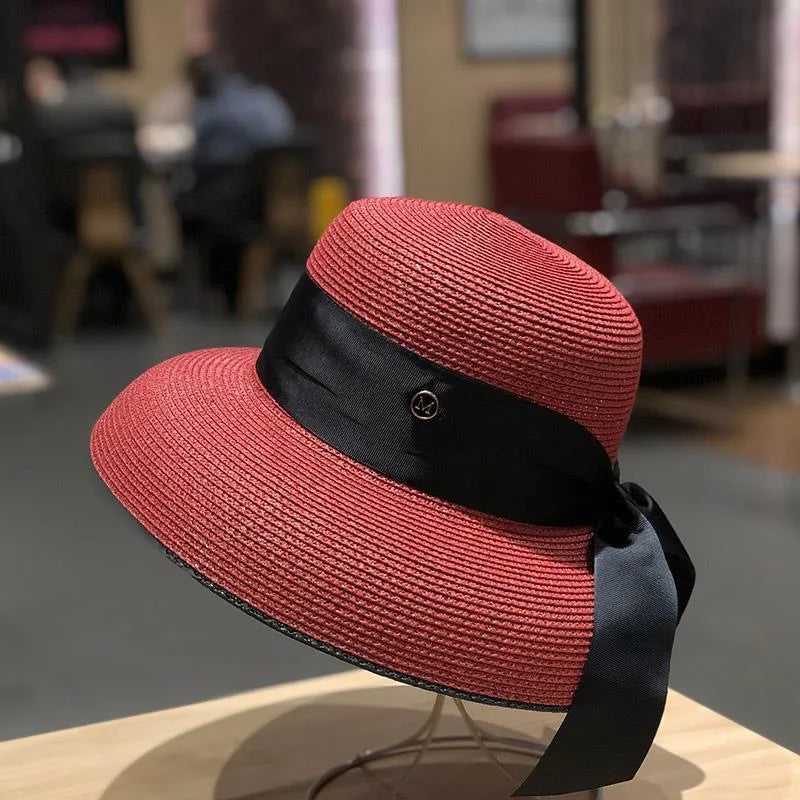 Chapéu de Sol de Palha Estilo Hepburn – Laço Retro Francês Aba Larga Feminino