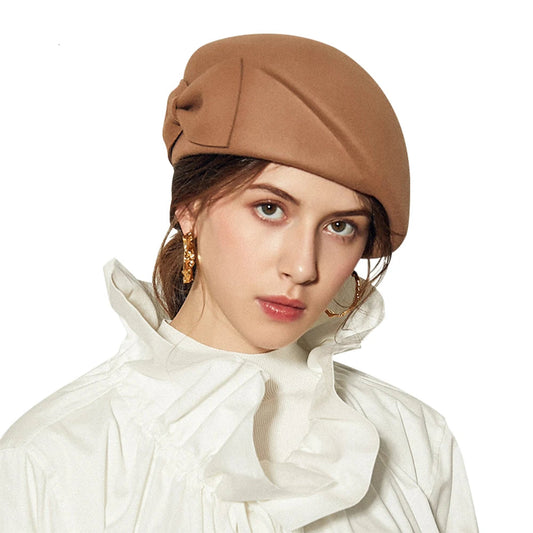 100% wool British top beret hat with bow – women's church cocktail derby cloche hat