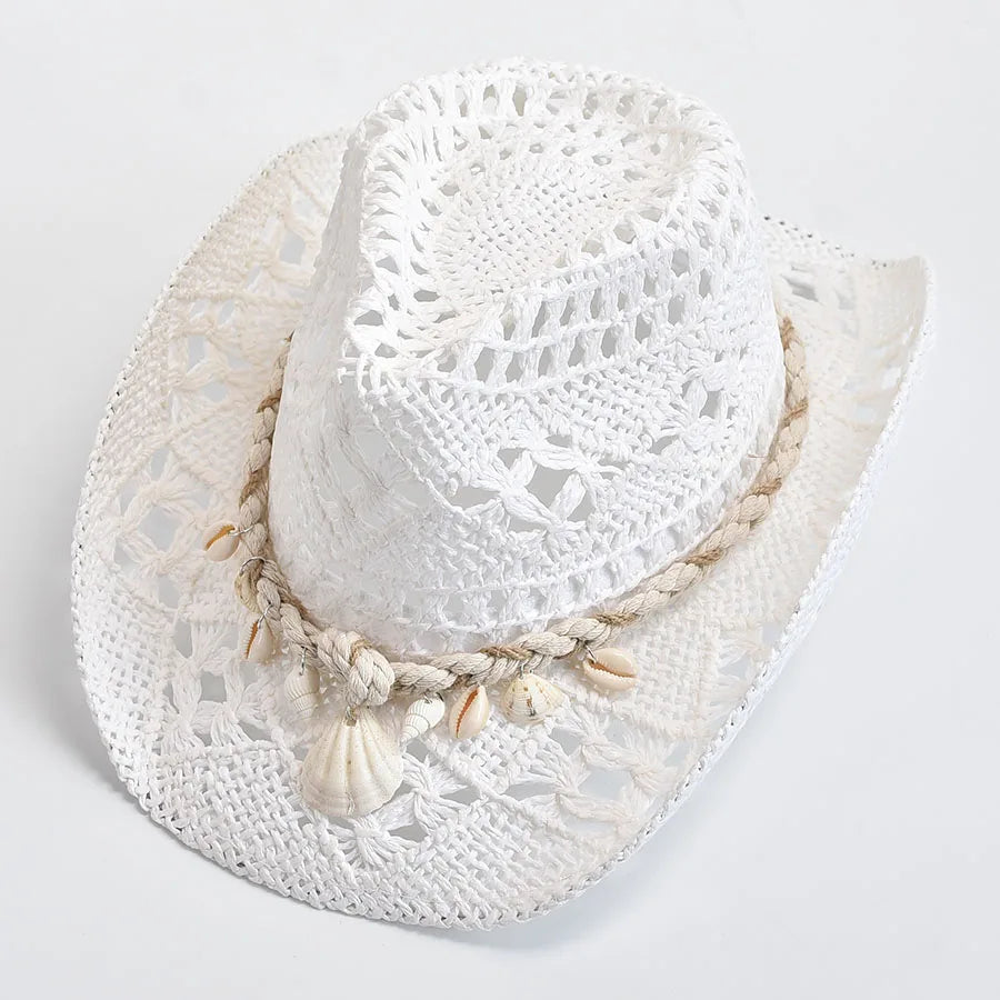 Chapéu de Palha Tecido à Mão com Conchas – Panama Feminino Praia Verão