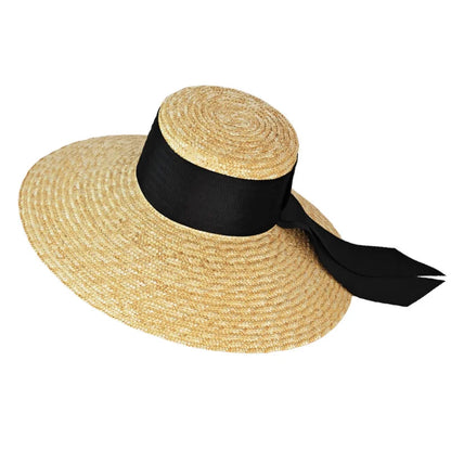 Chapéu de Palha Estilo Francês Hepburn – Aba Larga Flat Top Feminino Verão