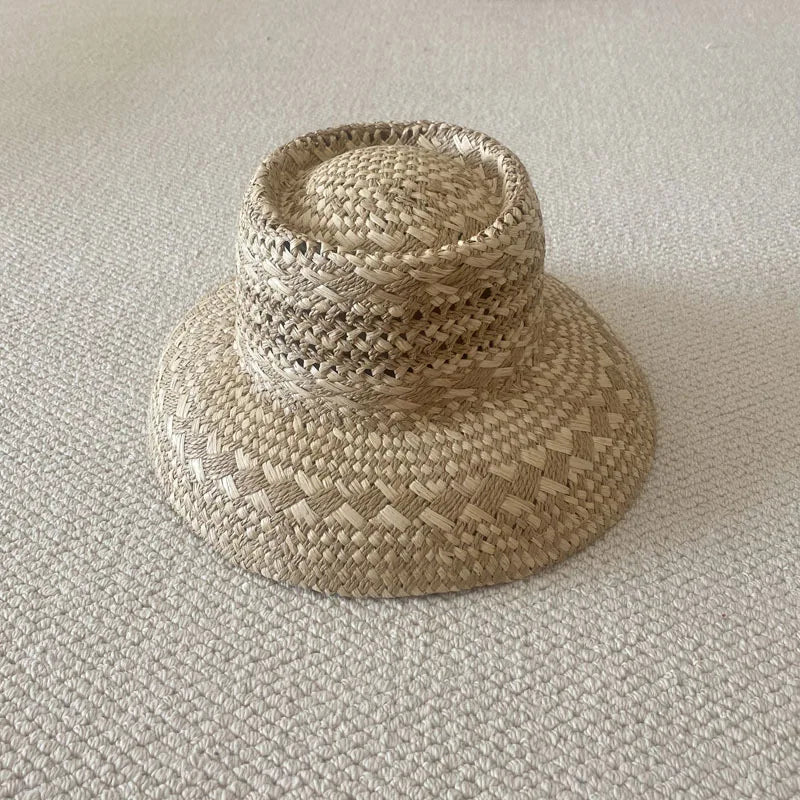 Chapéu de Sol Raffia Retro Francês – Oco Respirável Topo Côncavo Feminino Verão