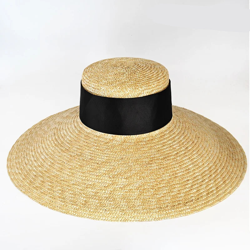 Chapéu de Palha Estilo Francês Hepburn – Aba Larga Flat Top Feminino Verão