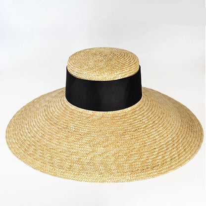 Chapéu de Palha Estilo Francês Hepburn – Aba Larga Flat Top Feminino Verão