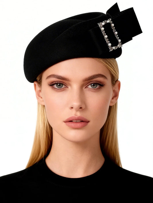 Black wool felt fascinator hat with bow and rhinestone – formal cocktail church hat