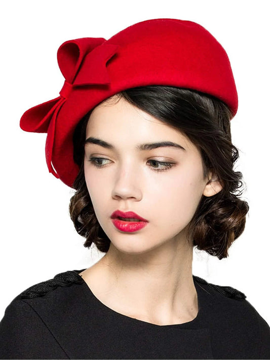 Elegant wool felt beret fascinator – women's bow pillbox church hat