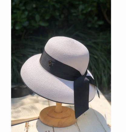 Chapéu de Sol de Palha Estilo Hepburn – Laço Retro Francês Aba Larga Feminino