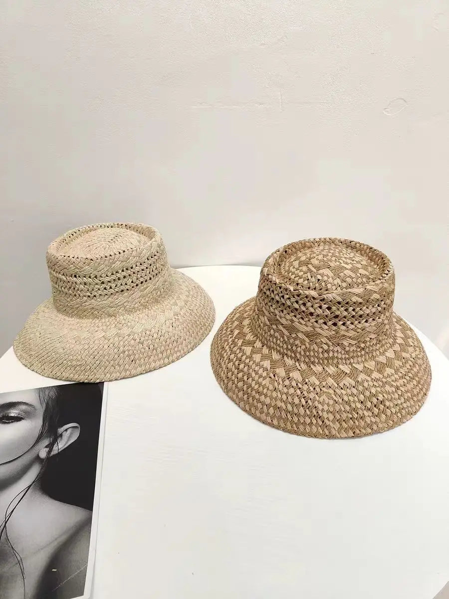 Chapéu de Sol Raffia Retro Francês – Oco Respirável Topo Côncavo Feminino Verão