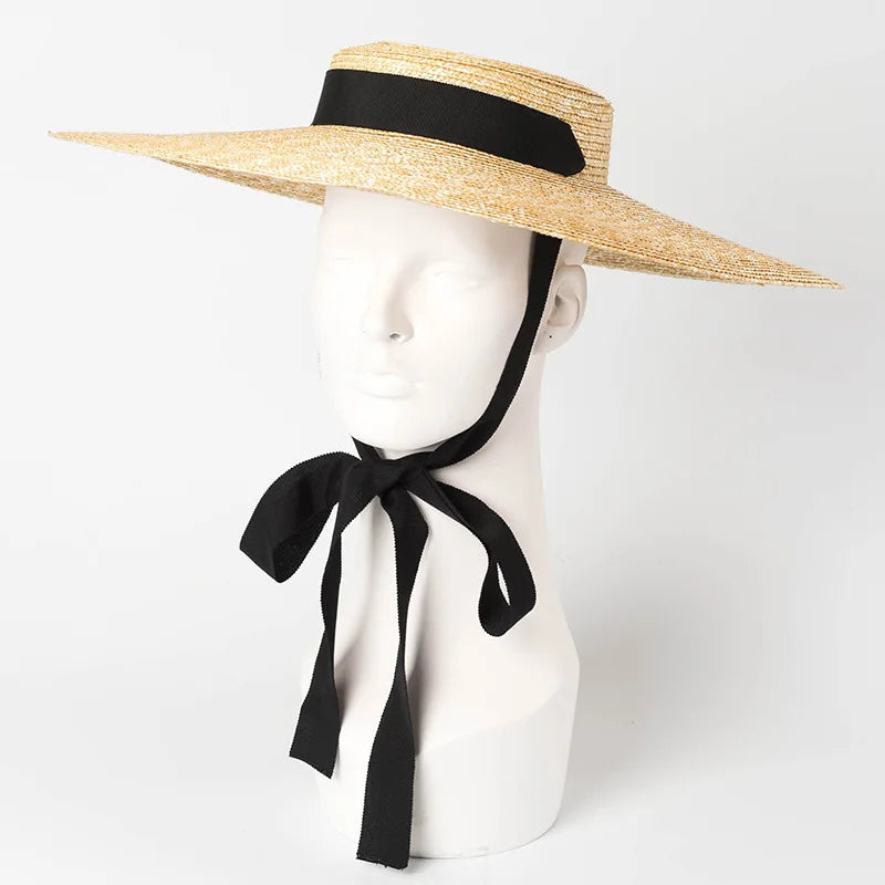Chapéu de Sol de Palha Natural Aba Larga com Fita – Topo Plano Elegante Feminino
