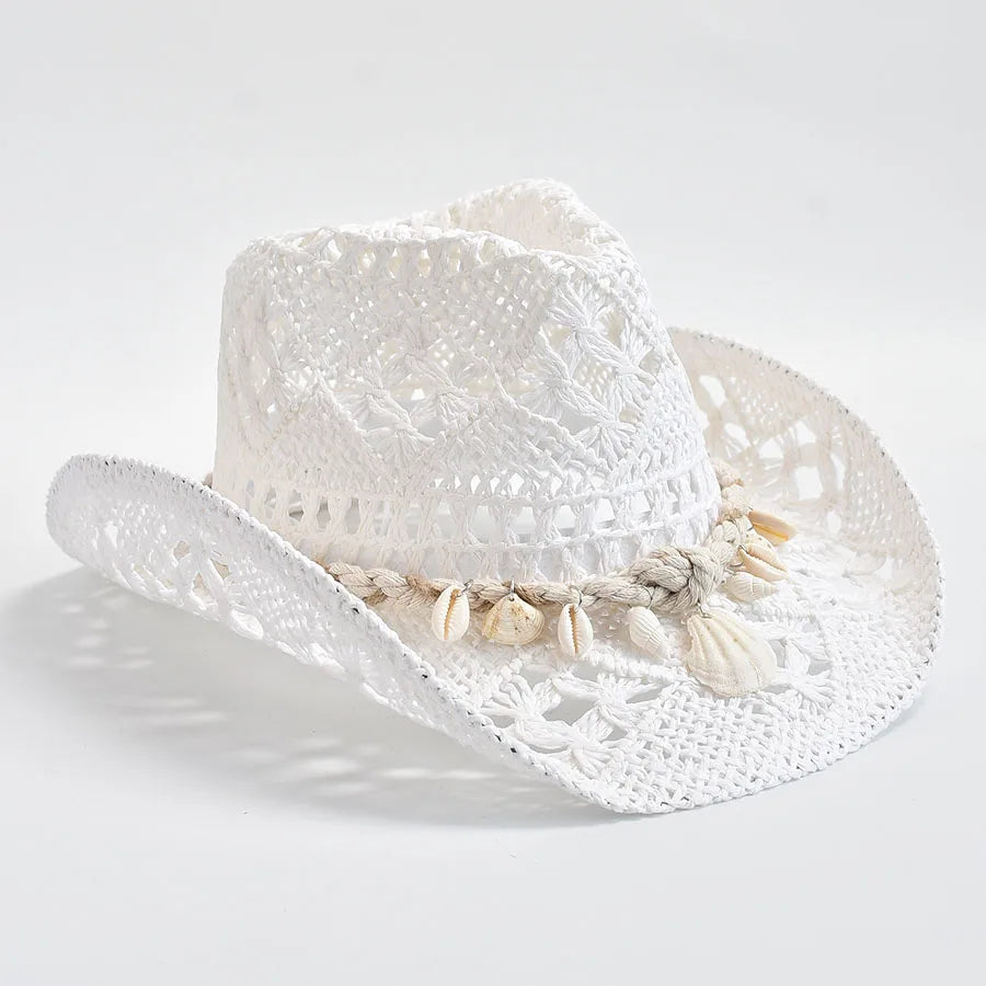 Chapéu de Palha Tecido à Mão com Conchas – Panama Feminino Praia Verão