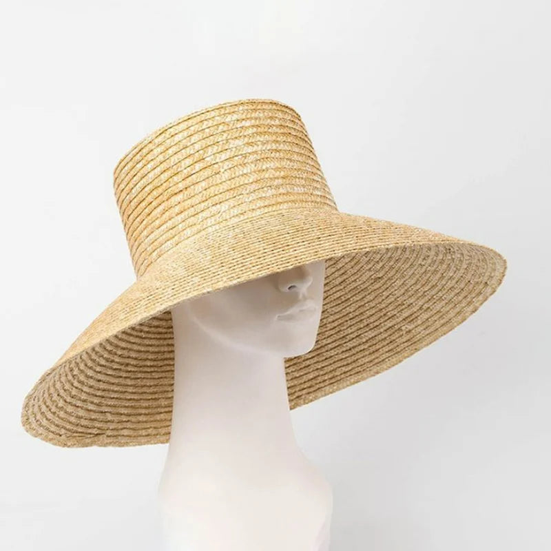 Chapéu de Palha Estilo Francês Hepburn – Aba Larga Flat Top Feminino Verão