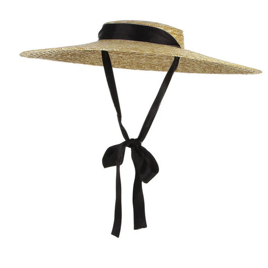 Chapéu de Sol de Palha Natural Aba Larga com Fita – Topo Plano Elegante Feminino