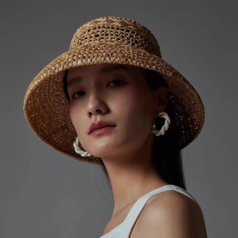 Chapéu de Sol Raffia Retro Francês – Oco Respirável Topo Côncavo Feminino Verão