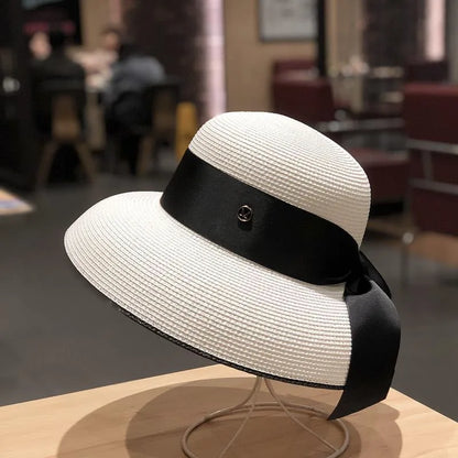 Chapéu de Sol de Palha Estilo Hepburn – Laço Retro Francês Aba Larga Feminino