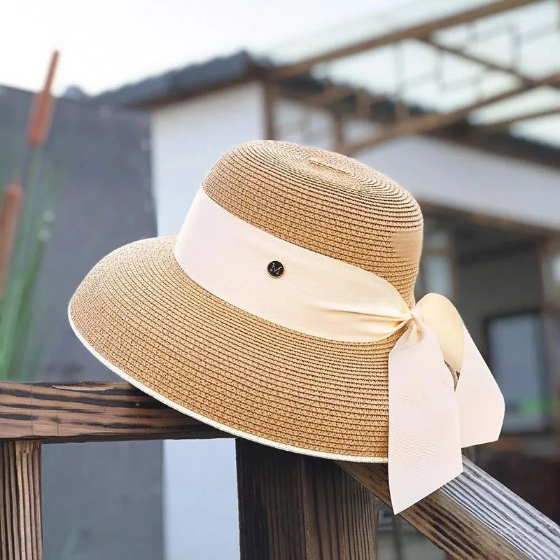 Chapéu de Sol de Palha Estilo Hepburn – Laço Retro Francês Aba Larga Feminino